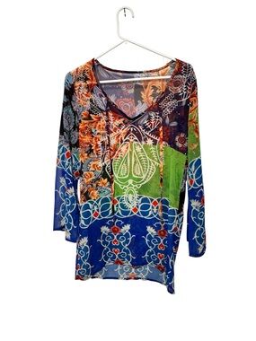 Vibrant Bohemian Patterned V-Neck Tunic Top - Size S